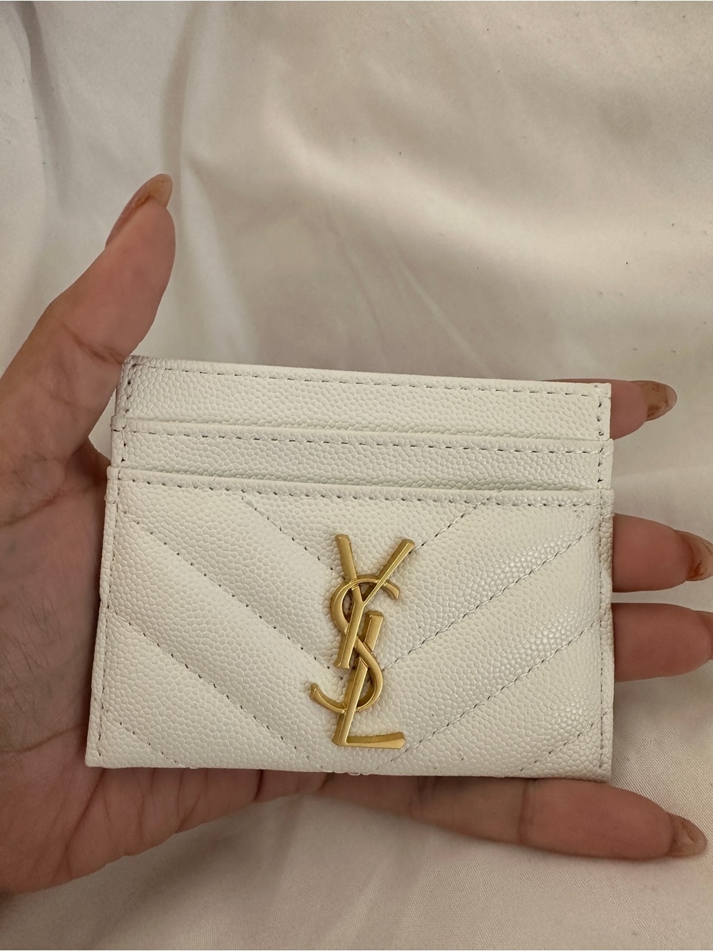 Saint Laurent White Quilted Card Holder with Gold Logo Hardware